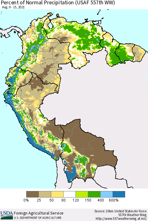 Northern South America Percent of Normal Precipitation (USAF 557th WW) Thematic Map For 8/9/2021 - 8/15/2021