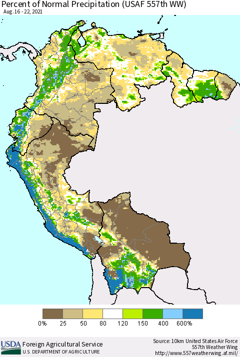 Northern South America Percent of Normal Precipitation (USAF 557th WW) Thematic Map For 8/16/2021 - 8/22/2021