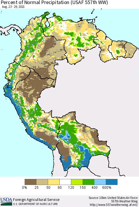 Northern South America Percent of Normal Precipitation (USAF 557th WW) Thematic Map For 8/23/2021 - 8/29/2021