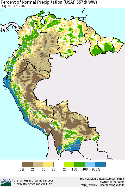 Northern South America Percent of Normal Precipitation (USAF 557th WW) Thematic Map For 8/30/2021 - 9/5/2021
