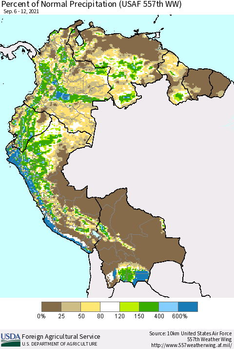 Northern South America Percent of Normal Precipitation (USAF 557th WW) Thematic Map For 9/6/2021 - 9/12/2021