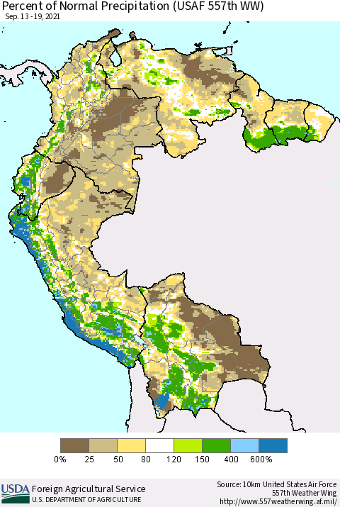Northern South America Percent of Normal Precipitation (USAF 557th WW) Thematic Map For 9/13/2021 - 9/19/2021