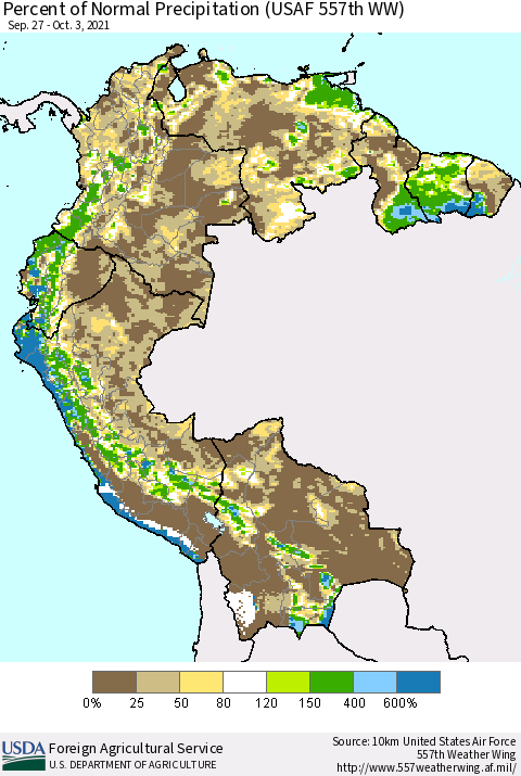Northern South America Percent of Normal Precipitation (USAF 557th WW) Thematic Map For 9/27/2021 - 10/3/2021