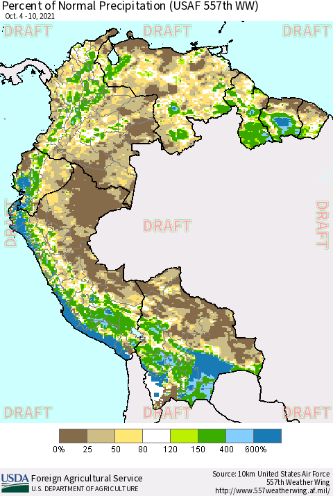 Northern South America Percent of Normal Precipitation (USAF 557th WW) Thematic Map For 10/4/2021 - 10/10/2021