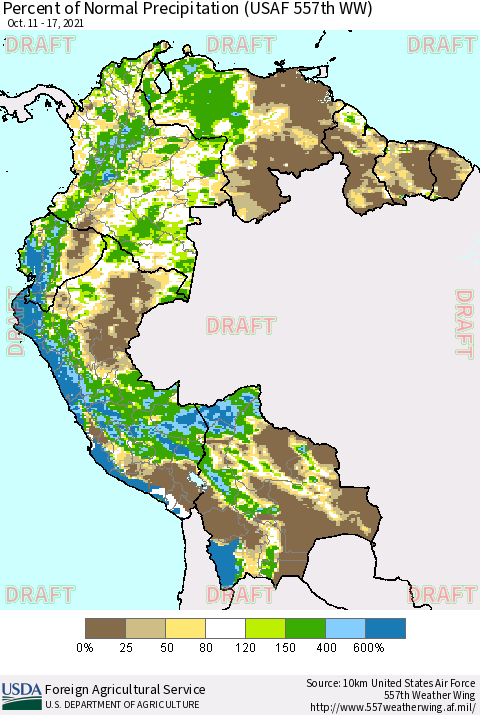 Northern South America Percent of Normal Precipitation (USAF 557th WW) Thematic Map For 10/11/2021 - 10/17/2021