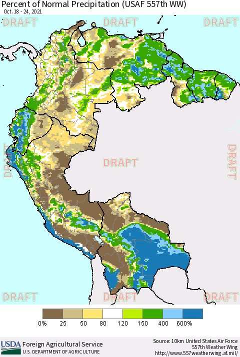 Northern South America Percent of Normal Precipitation (USAF 557th WW) Thematic Map For 10/18/2021 - 10/24/2021
