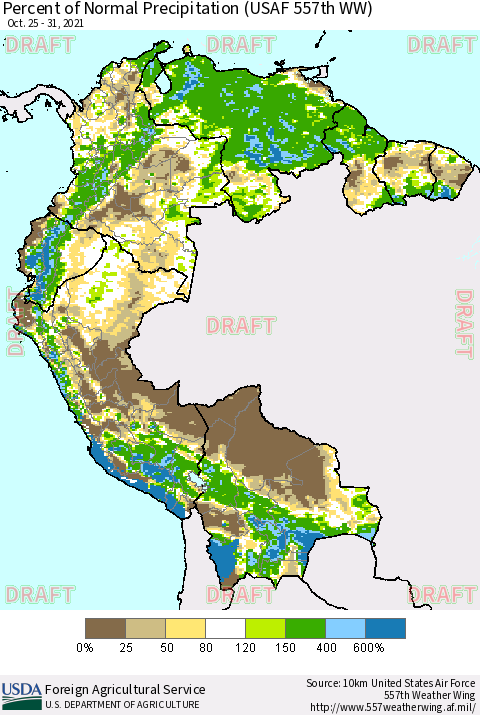 Northern South America Percent of Normal Precipitation (USAF 557th WW) Thematic Map For 10/25/2021 - 10/31/2021
