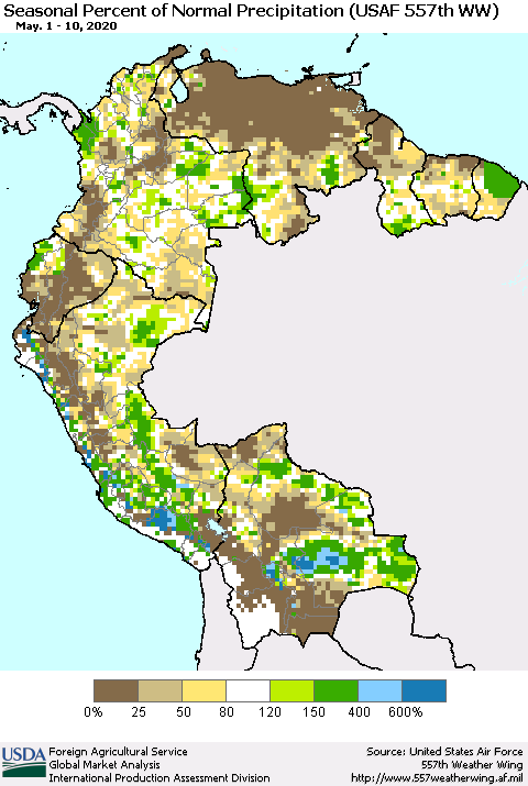 Northern South America Seasonal Percent of Normal Precipitation (USAF 557th WW) Thematic Map For 5/1/2020 - 5/10/2020