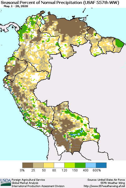 Northern South America Seasonal Percent of Normal Precipitation (USAF 557th WW) Thematic Map For 5/1/2020 - 5/20/2020