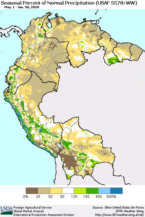 Northern South America Seasonal Percent of Normal Precipitation (USAF 557th WW) Thematic Map For 5/1/2020 - 6/30/2020