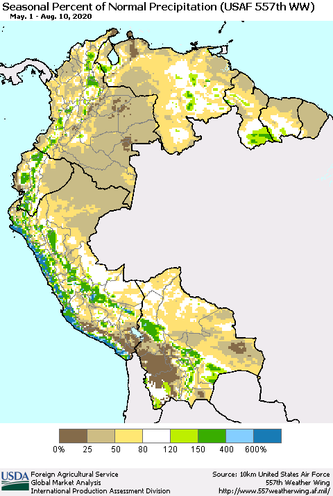 Northern South America Seasonal Percent of Normal Precipitation (USAF 557th WW) Thematic Map For 5/1/2020 - 8/10/2020