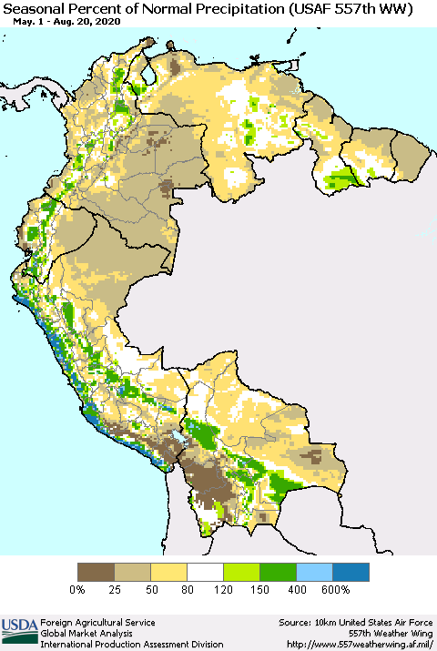 Northern South America Seasonal Percent of Normal Precipitation (USAF 557th WW) Thematic Map For 5/1/2020 - 8/20/2020