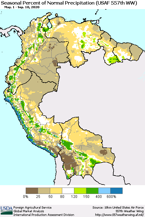Northern South America Seasonal Percent of Normal Precipitation (USAF 557th WW) Thematic Map For 5/1/2020 - 9/10/2020