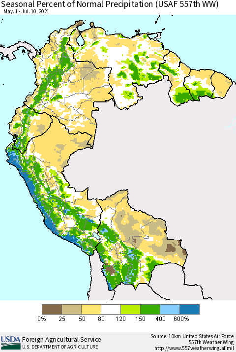 Northern South America Seasonal Percent of Normal Precipitation (USAF 557th WW) Thematic Map For 5/1/2021 - 7/10/2021