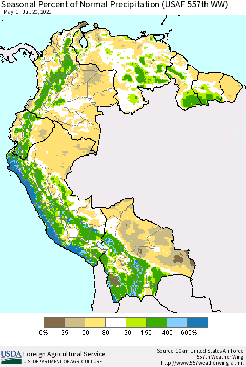 Northern South America Seasonal Percent of Normal Precipitation (USAF 557th WW) Thematic Map For 5/1/2021 - 7/20/2021