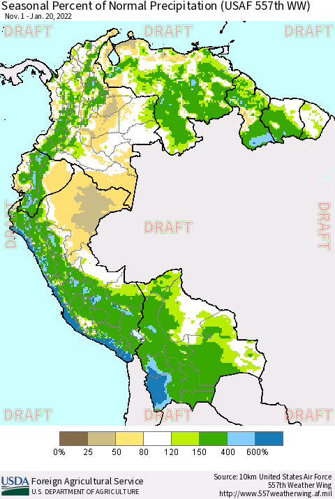 Northern South America Seasonal Percent of Normal Precipitation (USAF 557th WW) Thematic Map For 11/1/2021 - 1/20/2022