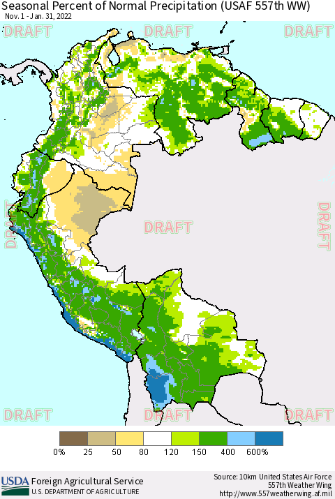 Northern South America Seasonal Percent of Normal Precipitation (USAF 557th WW) Thematic Map For 11/1/2021 - 1/31/2022