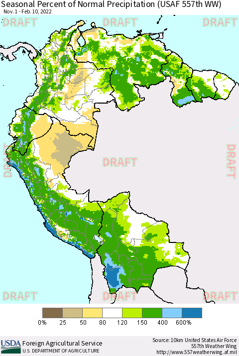Northern South America Seasonal Percent of Normal Precipitation (USAF 557th WW) Thematic Map For 11/1/2021 - 2/10/2022