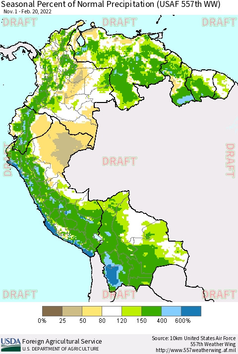 Northern South America Seasonal Percent of Normal Precipitation (USAF 557th WW) Thematic Map For 11/1/2021 - 2/20/2022