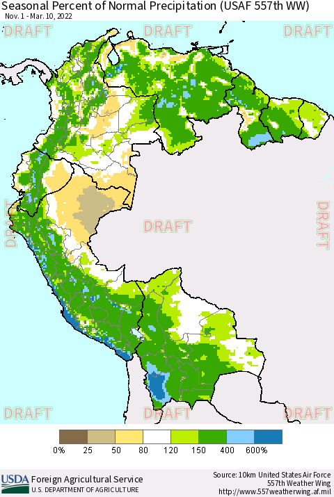 Northern South America Seasonal Percent of Normal Precipitation (USAF 557th WW) Thematic Map For 11/1/2021 - 3/10/2022