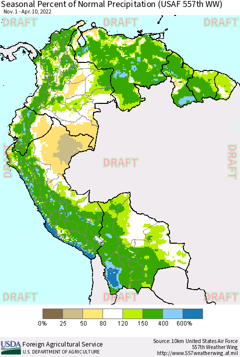 Northern South America Seasonal Percent of Normal Precipitation (USAF 557th WW) Thematic Map For 11/1/2021 - 4/10/2022