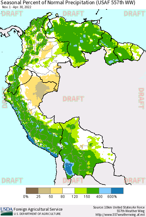Northern South America Seasonal Percent of Normal Precipitation (USAF 557th WW) Thematic Map For 11/1/2021 - 4/30/2022