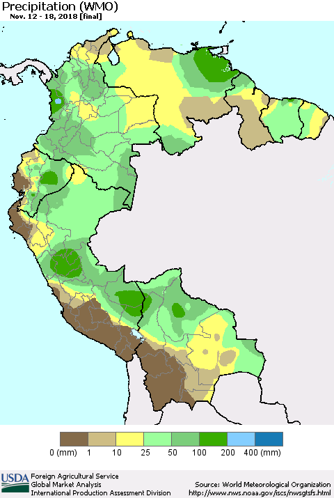 Northern South America Precipitation (WMO) Thematic Map For 11/12/2018 - 11/18/2018