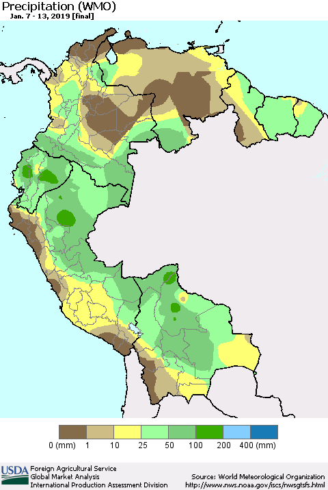 Northern South America Precipitation (WMO) Thematic Map For 1/7/2019 - 1/13/2019