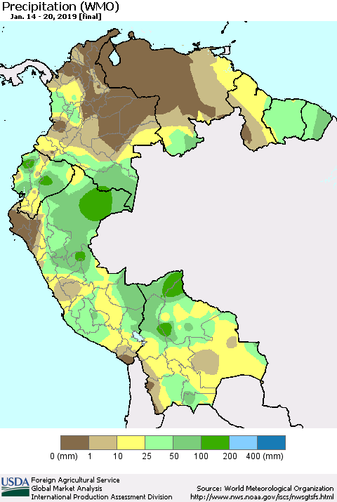 Northern South America Precipitation (WMO) Thematic Map For 1/14/2019 - 1/20/2019