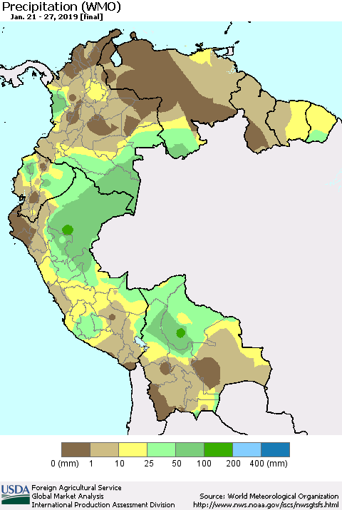 Northern South America Precipitation (WMO) Thematic Map For 1/21/2019 - 1/27/2019