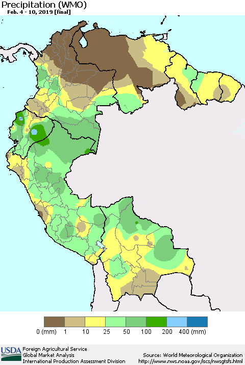 Northern South America Precipitation (WMO) Thematic Map For 2/4/2019 - 2/10/2019