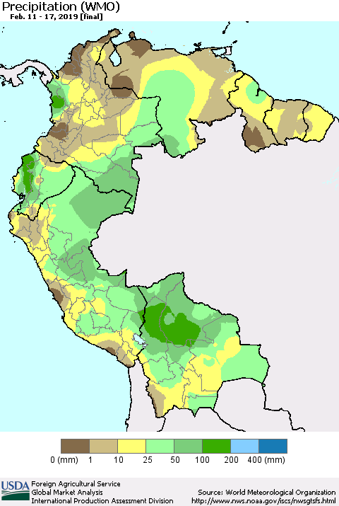 Northern South America Precipitation (WMO) Thematic Map For 2/11/2019 - 2/17/2019