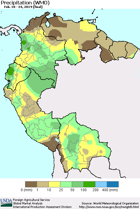 Northern South America Precipitation (WMO) Thematic Map For 2/18/2019 - 2/24/2019