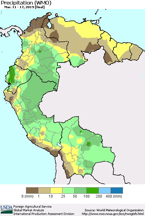 Northern South America Precipitation (WMO) Thematic Map For 3/11/2019 - 3/17/2019