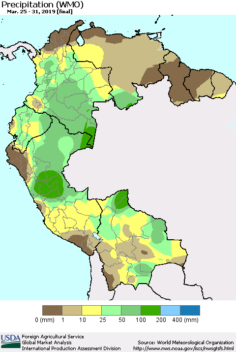 Northern South America Precipitation (WMO) Thematic Map For 3/25/2019 - 3/31/2019