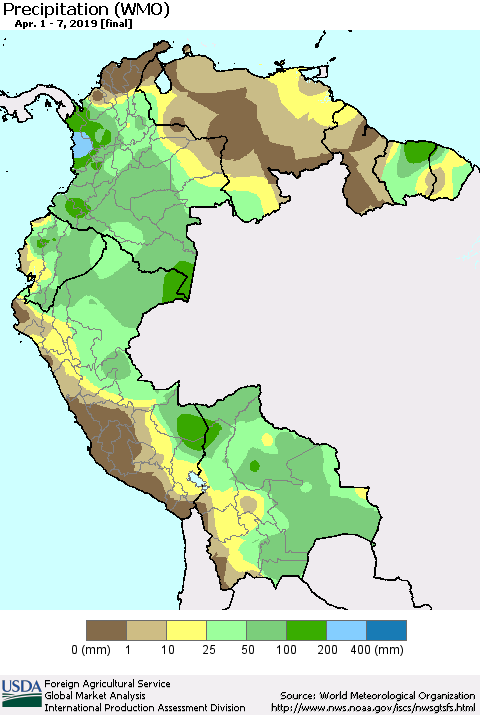 Northern South America Precipitation (WMO) Thematic Map For 4/1/2019 - 4/7/2019
