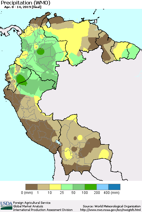 Northern South America Precipitation (WMO) Thematic Map For 4/8/2019 - 4/14/2019