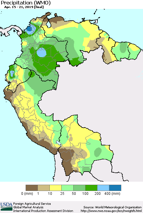 Northern South America Precipitation (WMO) Thematic Map For 4/15/2019 - 4/21/2019