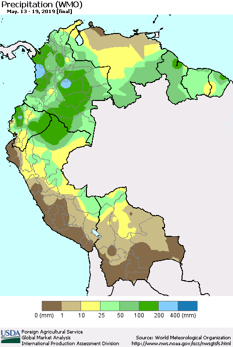 Northern South America Precipitation (WMO) Thematic Map For 5/13/2019 - 5/19/2019