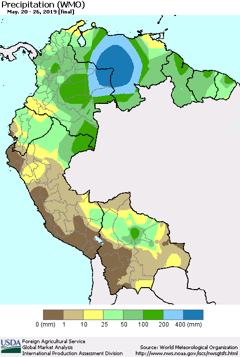Northern South America Precipitation (WMO) Thematic Map For 5/20/2019 - 5/26/2019
