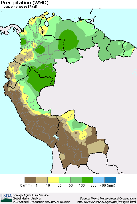 Northern South America Precipitation (WMO) Thematic Map For 6/3/2019 - 6/9/2019
