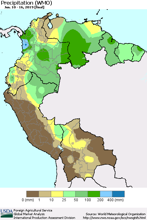 Northern South America Precipitation (WMO) Thematic Map For 6/10/2019 - 6/16/2019