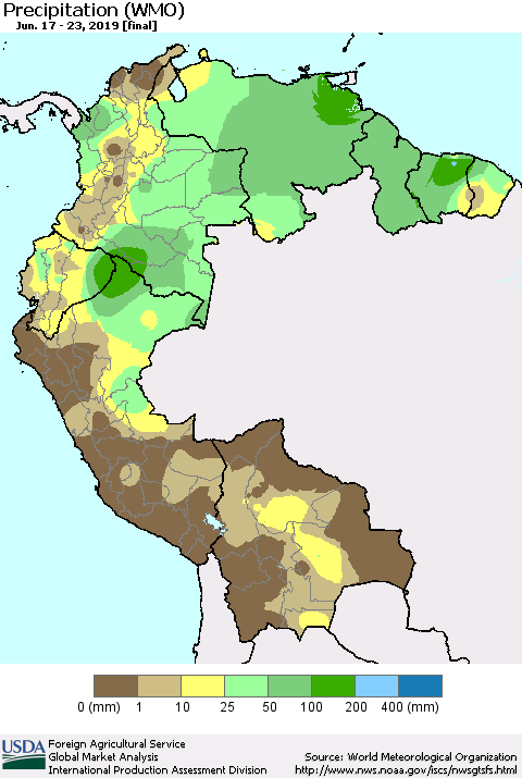 Northern South America Precipitation (WMO) Thematic Map For 6/17/2019 - 6/23/2019
