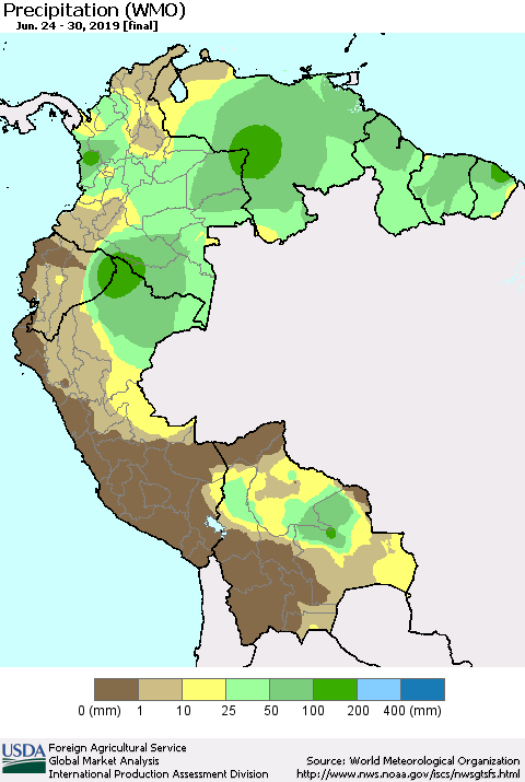 Northern South America Precipitation (WMO) Thematic Map For 6/24/2019 - 6/30/2019