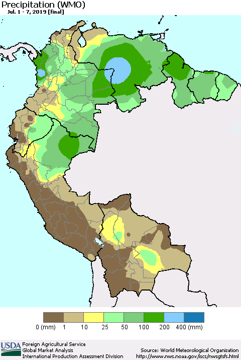 Northern South America Precipitation (WMO) Thematic Map For 7/1/2019 - 7/7/2019