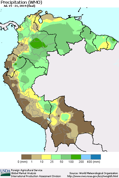 Northern South America Precipitation (WMO) Thematic Map For 7/15/2019 - 7/21/2019