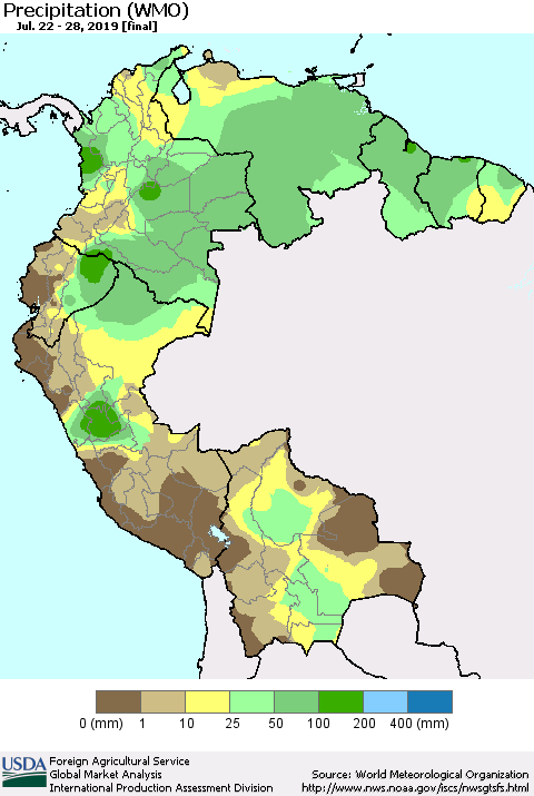Northern South America Precipitation (WMO) Thematic Map For 7/22/2019 - 7/28/2019