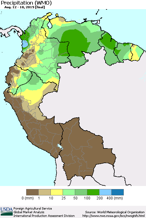 Northern South America Precipitation (WMO) Thematic Map For 8/12/2019 - 8/18/2019