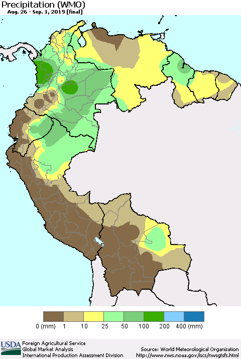 Northern South America Precipitation (WMO) Thematic Map For 8/26/2019 - 9/1/2019