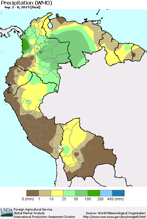 Northern South America Precipitation (WMO) Thematic Map For 9/2/2019 - 9/8/2019